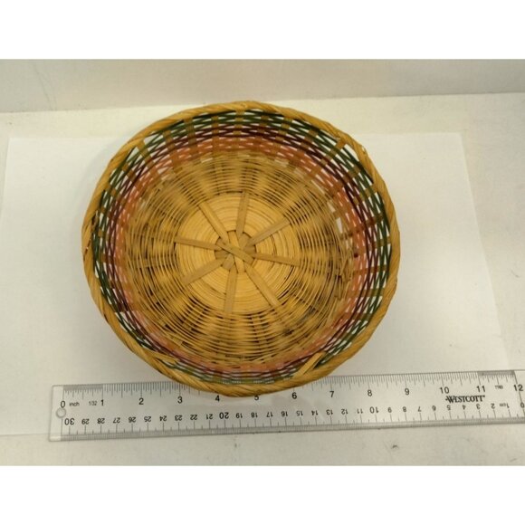 Round Wicker Easter Basket Rainbow Bands Green Purple Pink 8 inch - Picture 3 of 9